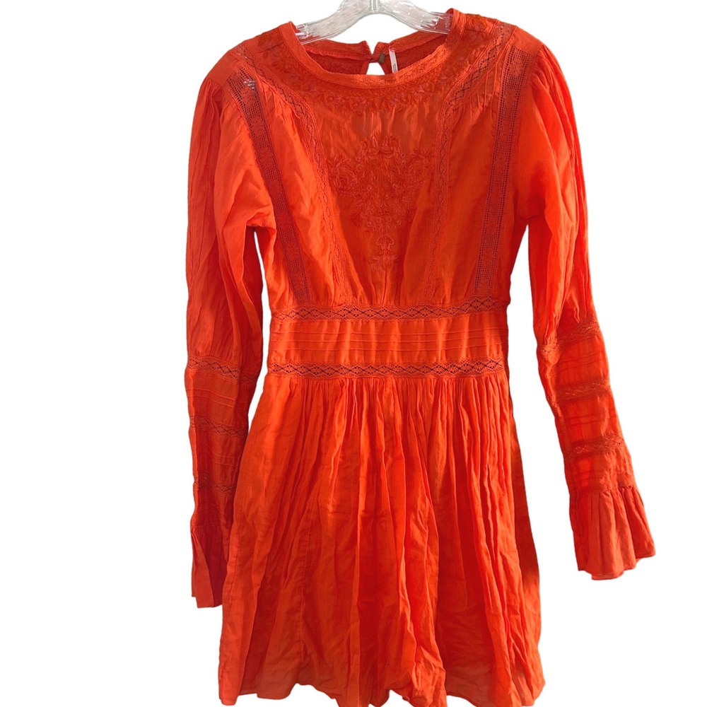Free People Orange Embroidered Long-Sleeve Mini Dress
